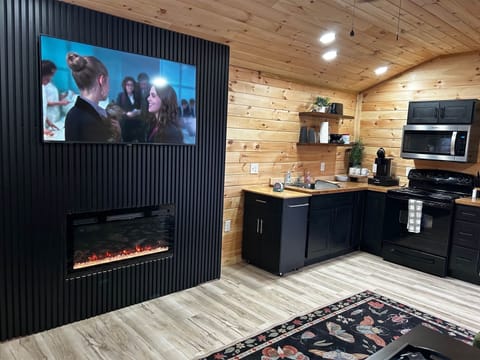 Media wall. 55 inch TV Roku wh Heated fireplace 