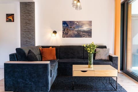 Living room with gray sofa, wall-mounted TV, and access to a terrace.