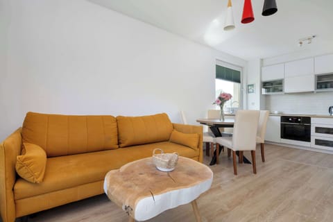 Living room with a sofa, coffee table, TV and kitchenette with dining area.