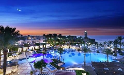 Sip and swim as sunset colors glow over illuminated pools.