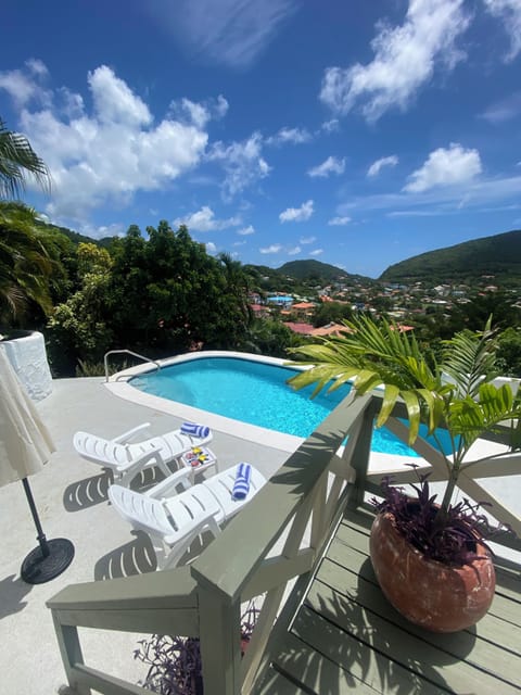 Access from decking to the private infinity pool. Sunbeds and parasols, views