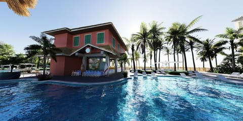 Sip poolside cocktails as palms sway beside sparkling water.