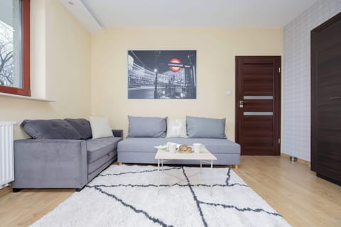 A cozy living room with a gray sofa, a white rug, and a wooden floor. The room is warmly lit with natural light from a large window.