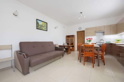 Cosy furnished living room with sofa bed and TV. Living room with kitchenette.