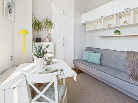Bright interior with a table, white chairs, and a fold-out sofa. Shelves with plants and decorations on the wall.