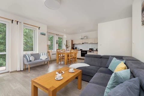 The living room with a large sofa and soft blue cushions is perfect for a relaxing afternoon.