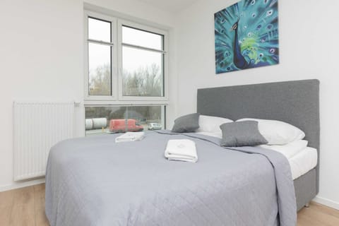 The studio features a comfortable double bed with light gray bedding and a decorative pillow. A modern painting hangs above the bed, adding a stylish touch.