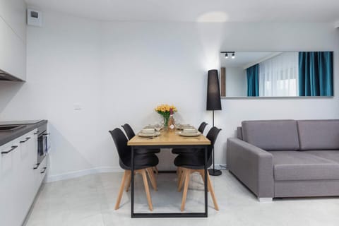 The integrated living and dining space, showing the entire layout with the kitchen, dining table, and living area combined into one cohesive room.