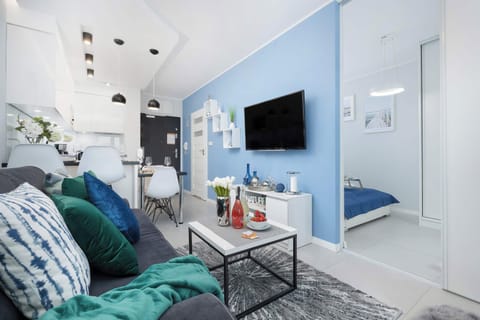 Living room with a comfortable sofa and TV. 