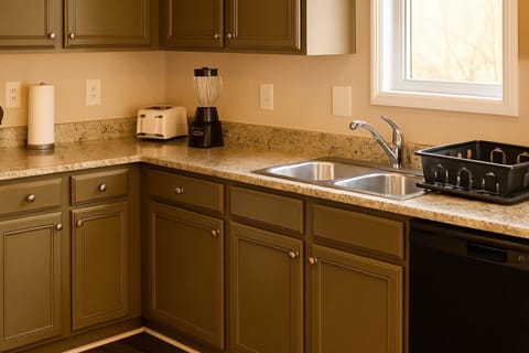 Sleek, modern design with granite countertops.