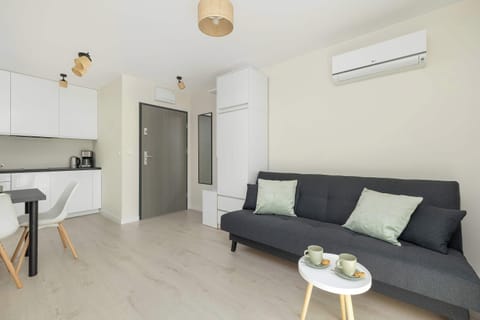 A modern living room with a dark sofa, a small coffee table, and a minimalist design. The space is bright with natural light.
