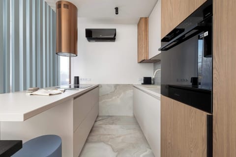 The sleek design of the kitchenette blending seamlessly with the living area.