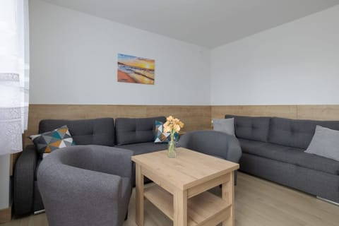 Living area with coffee table, two armchairs and two double sofa beds.