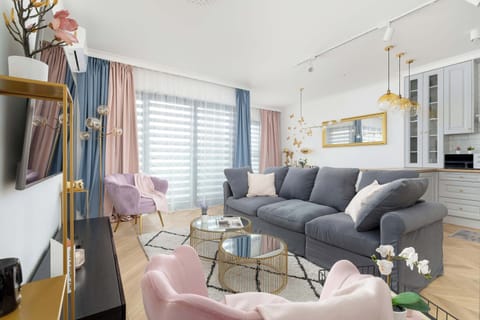 The living area features a sleek coffee table and a flat-screen television.