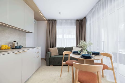 Living room with sofa bed, Smart TV and kitchenette.
