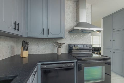 Fully stocked kitchen with a stainless steel range hood and cooking essentials.
