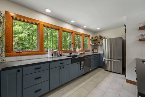 Bright culinary space with ample counter space, stainless steel appliances, and a nature-inspired view.