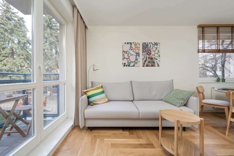 Living room with sofa, coffee table and large window and access to balcony.
