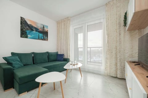 A cozy living room featuring a green sofa, a coffee table, and a bright window offering natural light. Perfect for relaxing and spending time with loved ones.