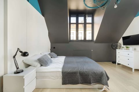 A wide-angle view of the room showing both the bed and desk, framed by a teal accent ceiling. The room has a bright, spacious feel with natural light from the window.