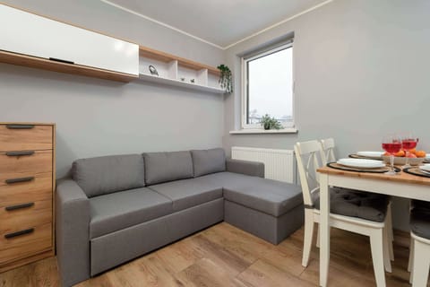 The elegant living area featuring a double sofa bed, perfect for relaxing or sleeping.
