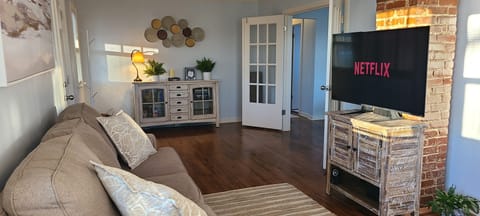 Living room. TV has apps enabling guests to use their personal login info