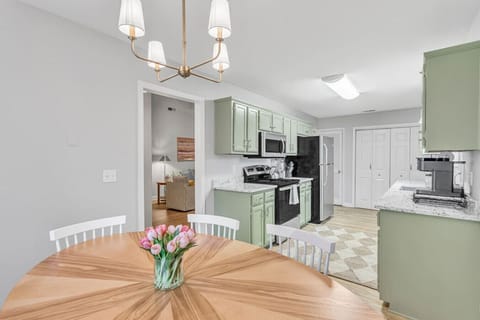 Kitchen and dining room are off of the living room.