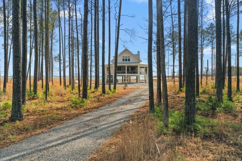 A winding gravel drive leads you through a peaceful canopy of tall pines, arriving at your own private escape on the Chesapeake Bay. This elegant waterfront retreat pairs timeless coastal design with nature’s beauty.