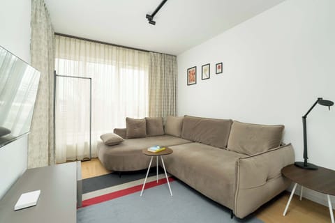 Living room with a comfortable sofa and TV. 