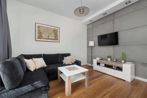 The living room is cozy and modern, with a comfortable black sofa, a small white coffee table and a TV mounted on the wall.