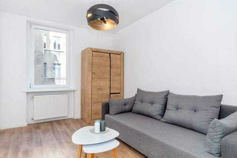 Cosy lving area of the studio with stylish sofa, coffee table, television and wardrobe.