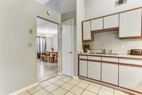 Another view of the kitchen showing the range and counter space.