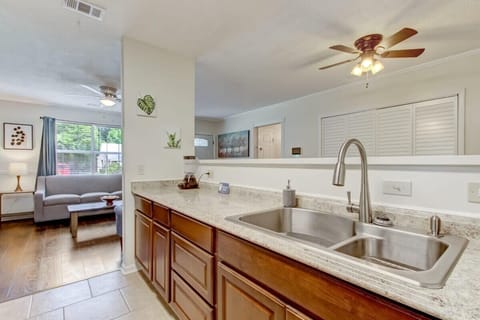 Spacious kitchen counter with a modern sink and plenty of prep space.