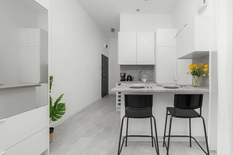 Compact kitchen area with white cabinets, a black backsplash, and essential appliances.
