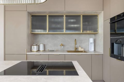 A modern kitchenette equipped with a dishwasher, refrigerator with freezer, toaster and steam absorber, allows you to prepare meals conveniently.