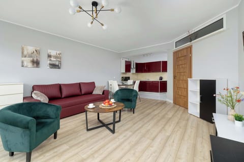 Living room with a fold-out sofa bed, two armchairs, coffee table, TV and kitchenette.