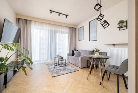 Studio decorated in cream colors with gray sofa, TV and dining area for 2 people.