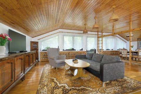 Rustic-style living area with wood-paneled ceilings and comfortable furniture, ideal for alpine or cabin retreats.
