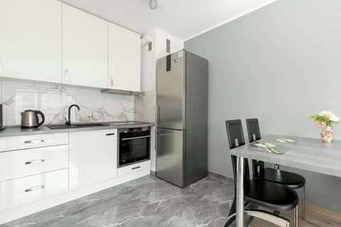 The sleek design of the kitchenette blending seamlessly with the living area.