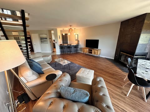Living room, fireplace, TV, dining table, and bar.