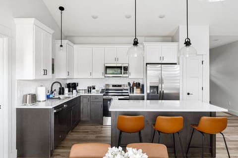 View of the modern kitchen from the dining room