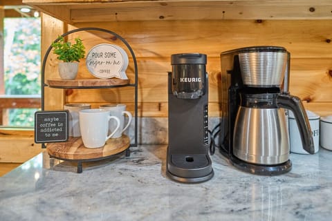 Cozy Cabin Coffee Station | Keurig & Drip Coffee Maker Setup on Stone Countertop