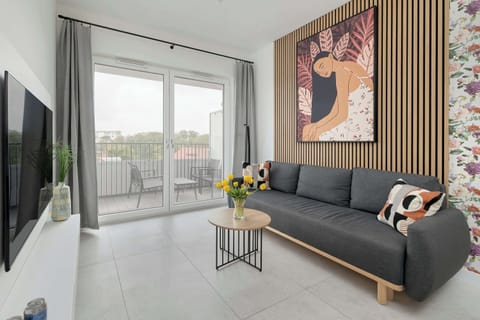Stylishly decorated living room with sofa bed, TV and access to the balcony.