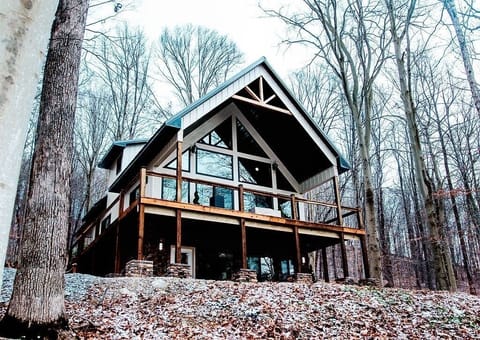 Modern cabin exterior nestled among tall trees in peaceful Hocking Hills forest