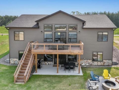 deck and patio, firepit, private access beach on Sunset Lake, outdoor activities