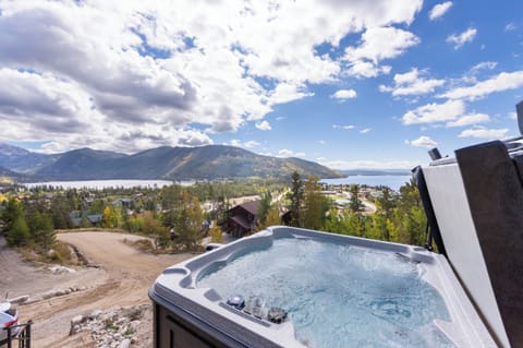 Outdoor mountain relaxation in hot tub. 