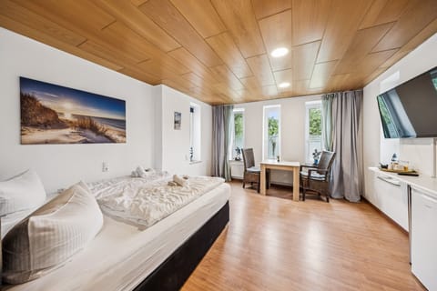 Helles Studio mit Doppelbett, Sitzecke, Holzdecke, TV und Fenstern – ideal für eine gemütliche Ferienwohnung.