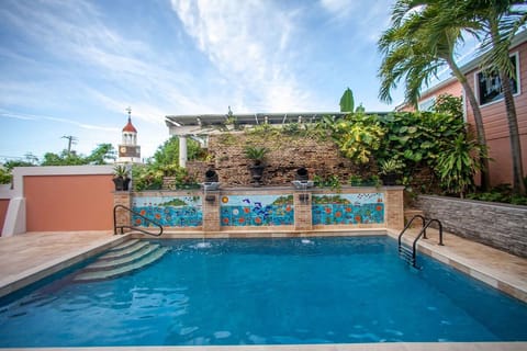 Dive into a sunlit pool framed by tropical greenery.