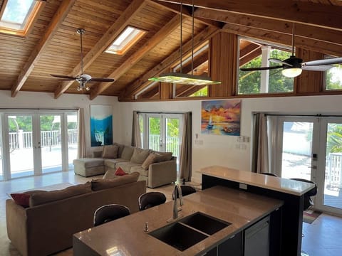 Huge open living and kitchen space with windows and skylights.