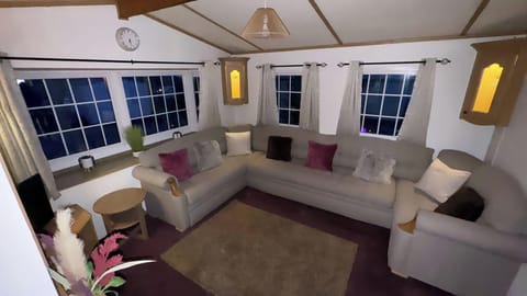 Bright Living Room with plenty of seating and fire.